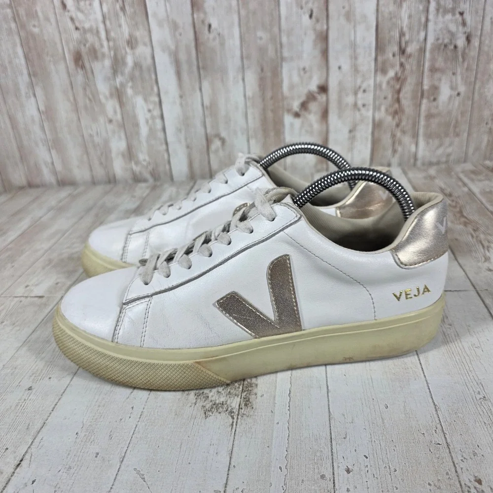 Veja Esplar White Leather Metallic Gold Low Top Sneakers Womens Size 10 EUR 41